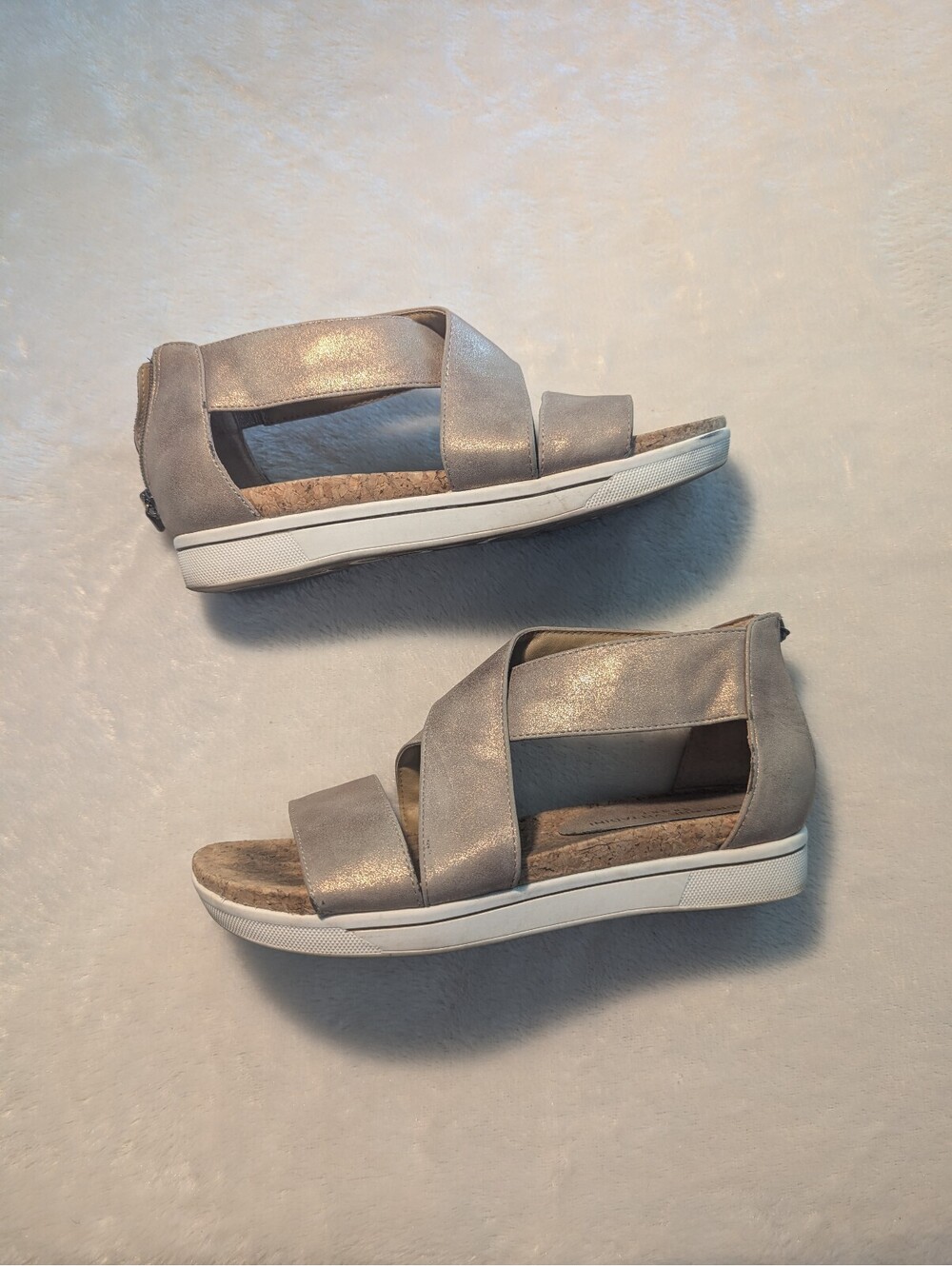 Adrienne Vittadini Taupe Strappy Sandals with Cork Footbed and Back Zipper
